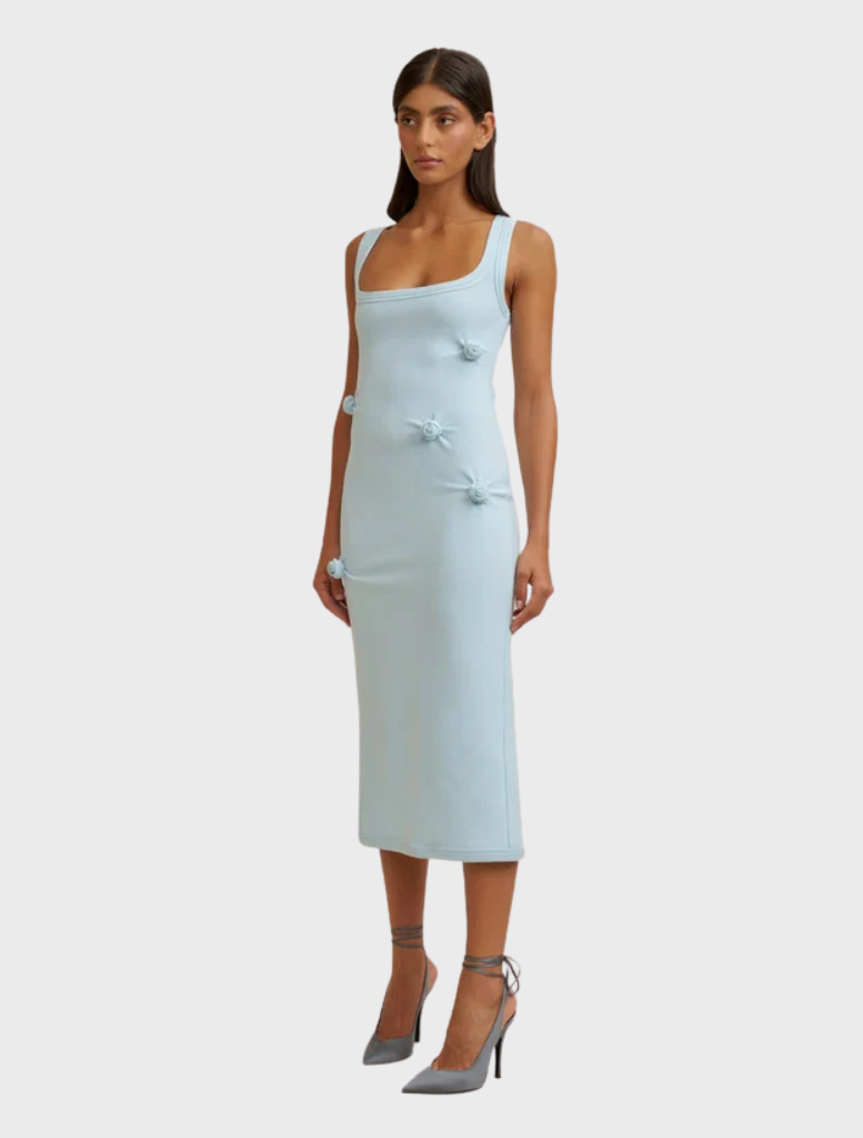 Ice blue midi dress made of stretch crepe, featuring hand-placed tucks and a 3D rosette, with an invisible back zip.