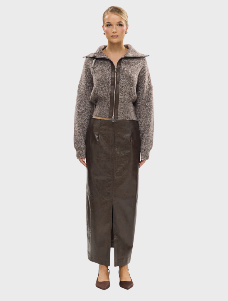 Chocolate marle wool knit cardigan, featuring a cozy design and open front for warmth and style.