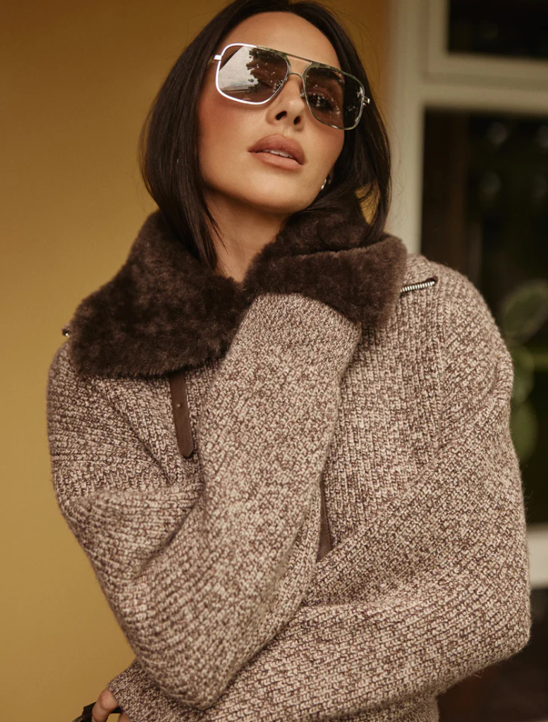 Soft ruby wool cardigan in chocolate marle, designed for comfort with an open front and relaxed fit.