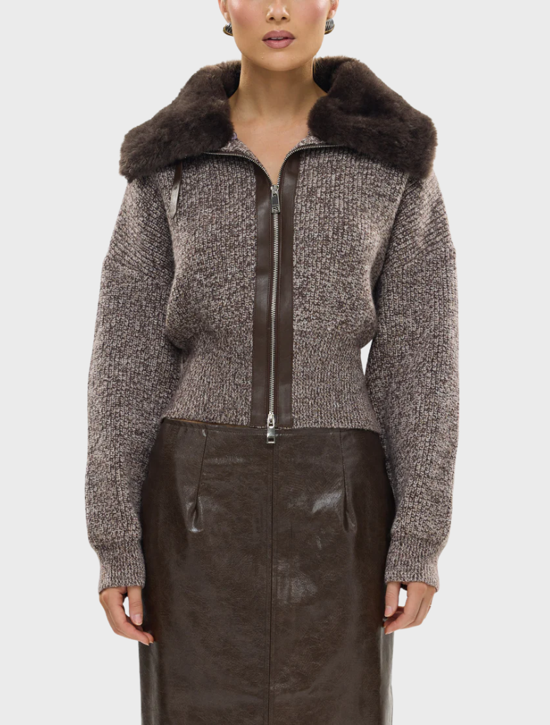 Chocolate marle wool knit cardigan, featuring a cozy design and open front for warmth and style.