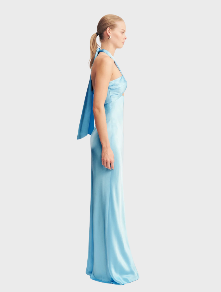 Iceberg blue maxi dress by La Lune, designed with a halter neck and ruched details, ideal for summer events.