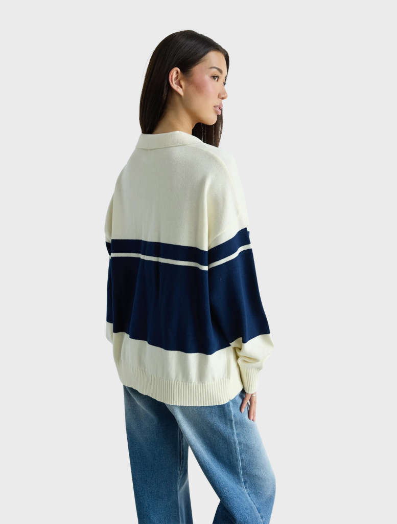 Classic blue stripe rugby knit, perfect for casual wear and featuring a soft texture.