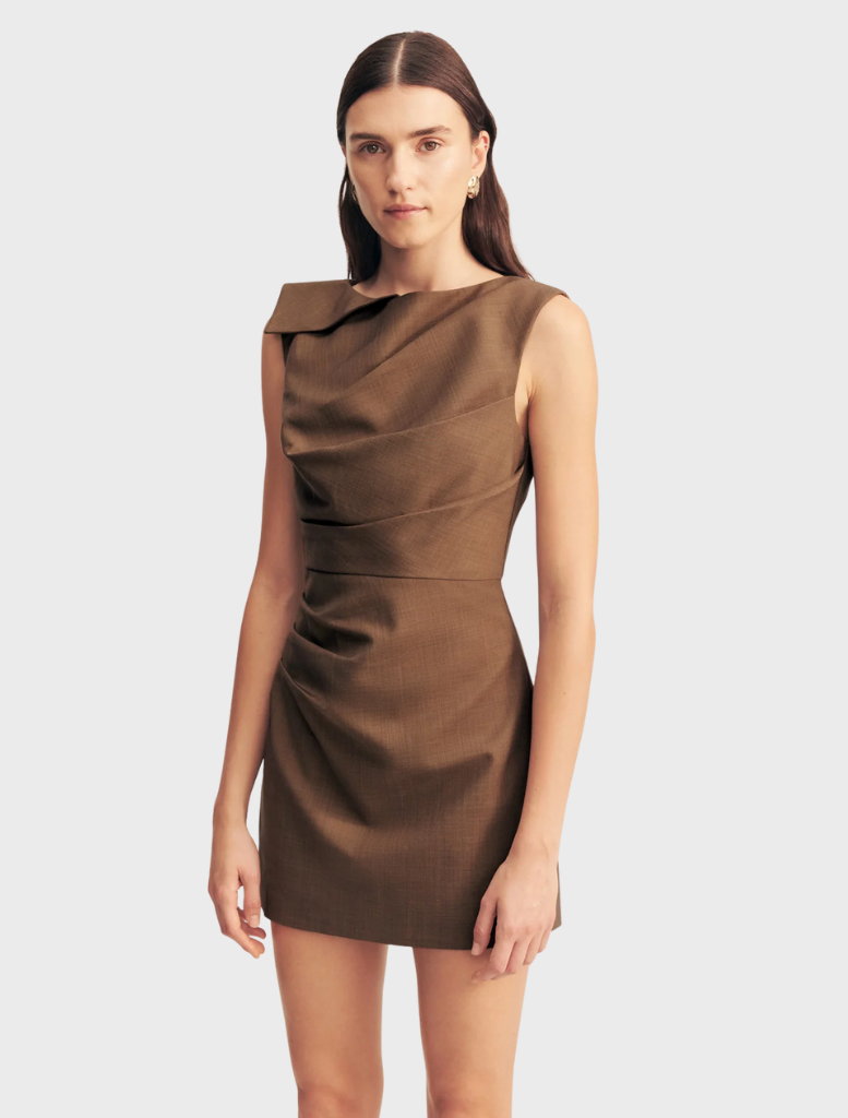 Elegant Asher Draped Mini Dress in Saddle, showcasing a chic draped style perfect for various occasions.