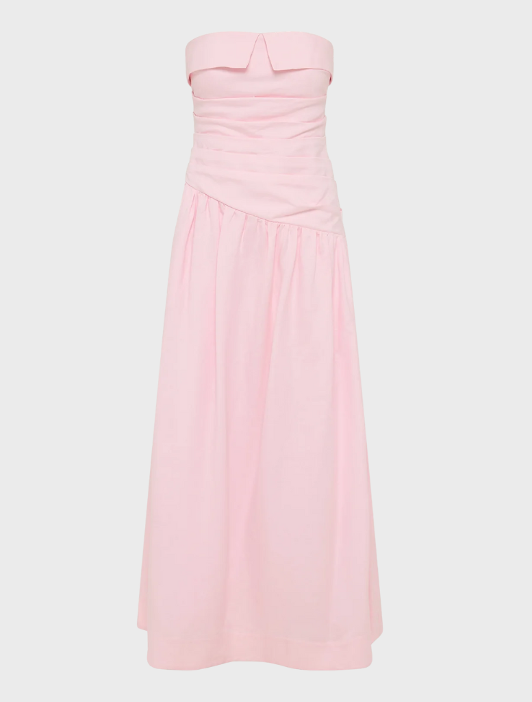 Gigi Strapless Maxi Dress in Sakura, highlighting a chic, floor-length design adorned with bright floral motifs.