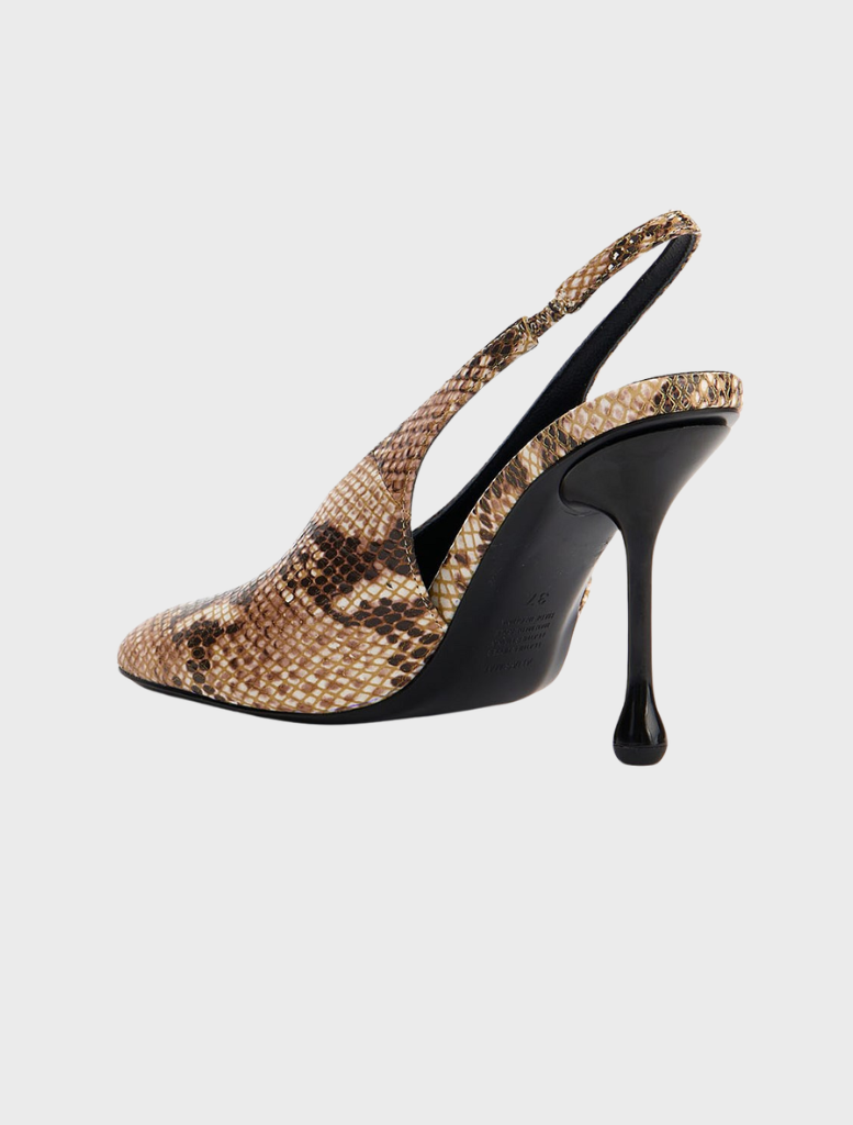 Claire heel pump in sand snake python skin, showcasing a chic slingback style for elegant footwear.
