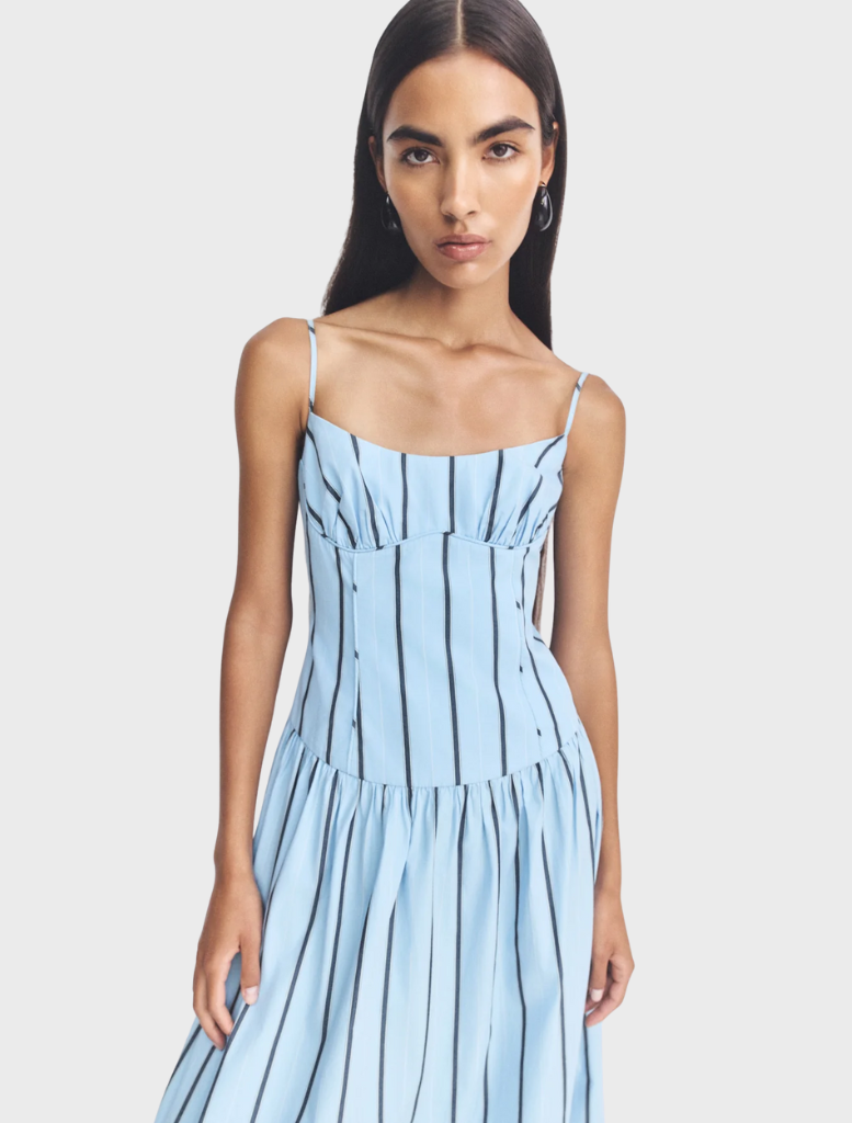 Elegant Saxon bustier maxi dress with a panelled design in a chic bather stripe, ideal for warm-weather events.