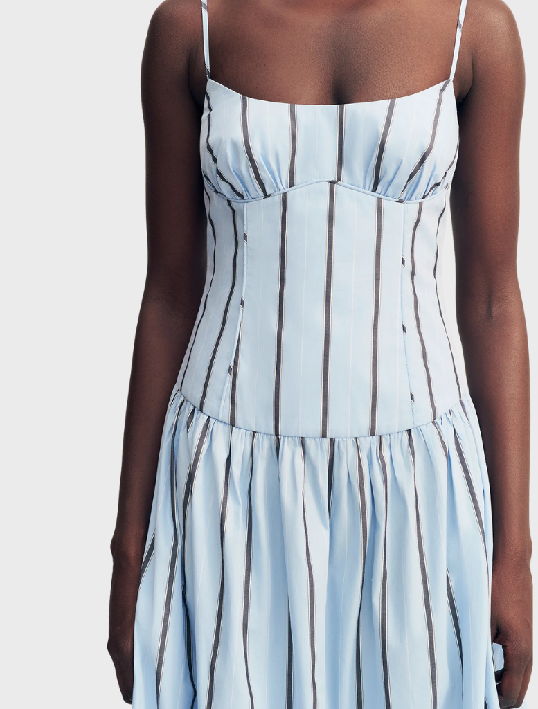 Elegant Saxon panelled bustier maxi dress in a bather stripe design, ideal for warm-weather events.