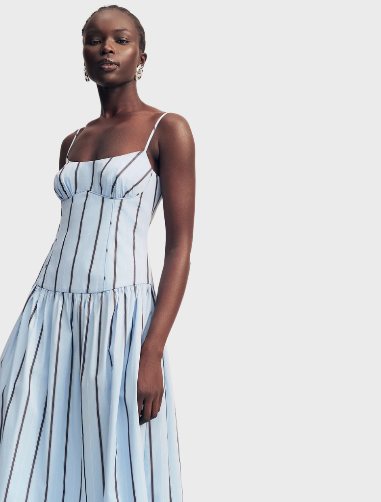 Stylish Saxon panelled bustier maxi dress adorned with a bather stripe pattern, suitable for casual or formal outings.