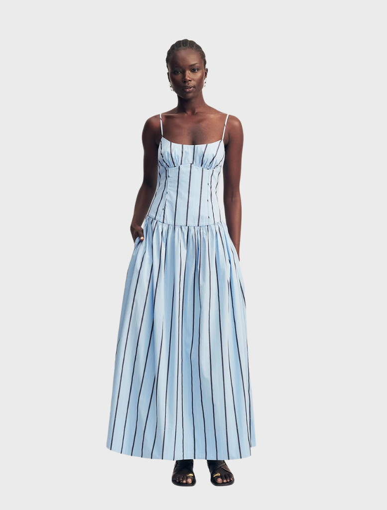 Saxon panelled bustier maxi dress featuring a stylish bather stripe pattern, perfect for summer occasions.