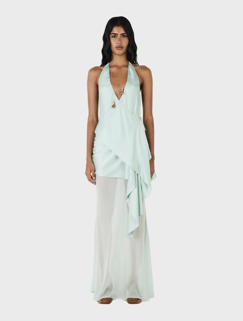 Aisling halter top in seafoam, combining trendy design with a light fabric, ideal for summer fashion.