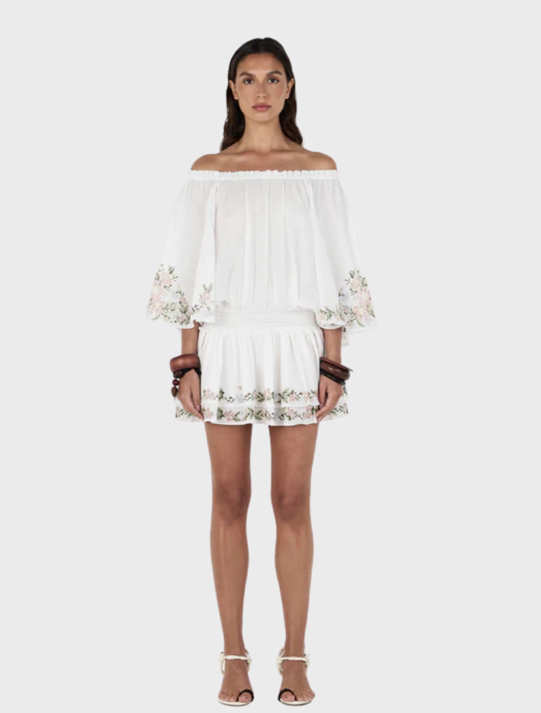 Seraphine Mini Dress featuring a delicate ditsy cross stitch pattern on a soft fabric, perfect for casual outings.