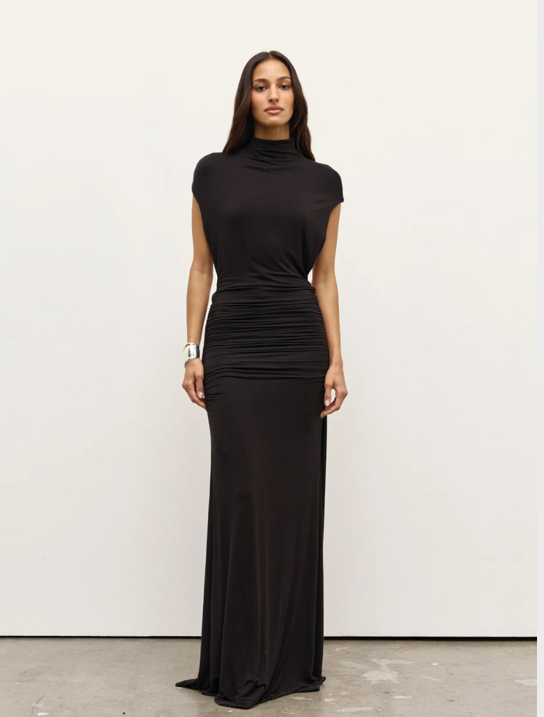 Elegant shadow-colored maxi dress with a loose silhouette, perfect for casual outings or formal events.
