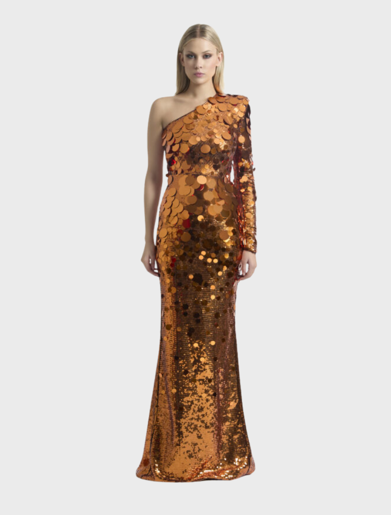 Elegant orange gown featuring a prism effect, designed to shimmer beautifully, perfect for special events.