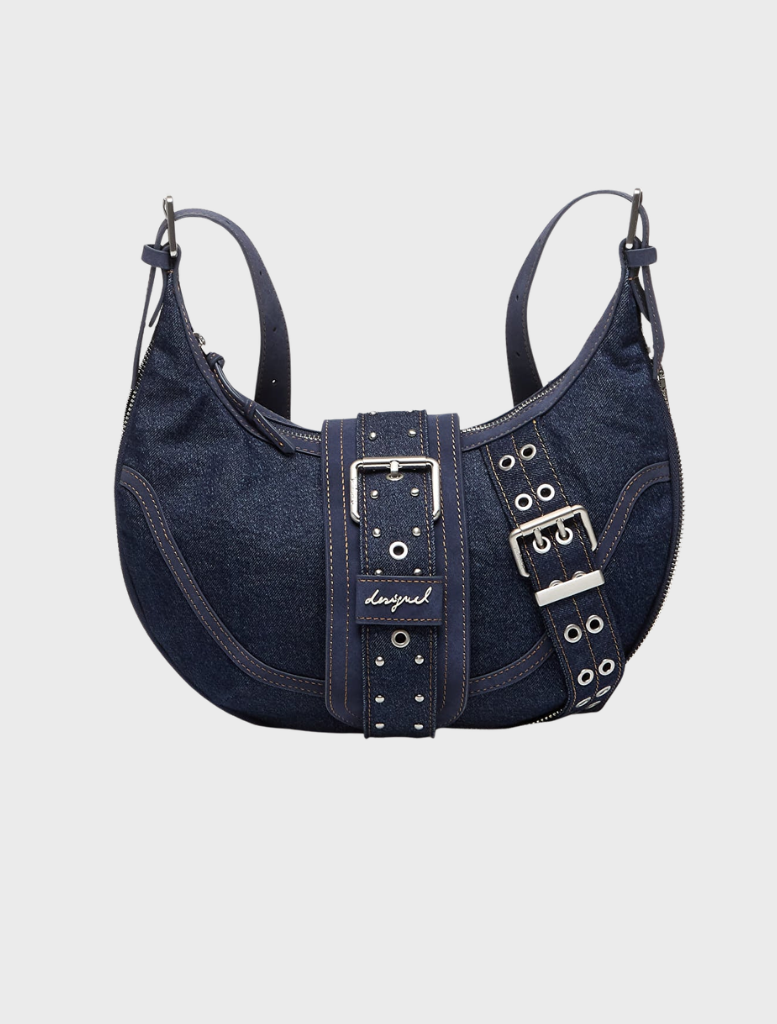 Dark blue denim shoulder bag with a stylish design, perfect for casual outings and everyday use.