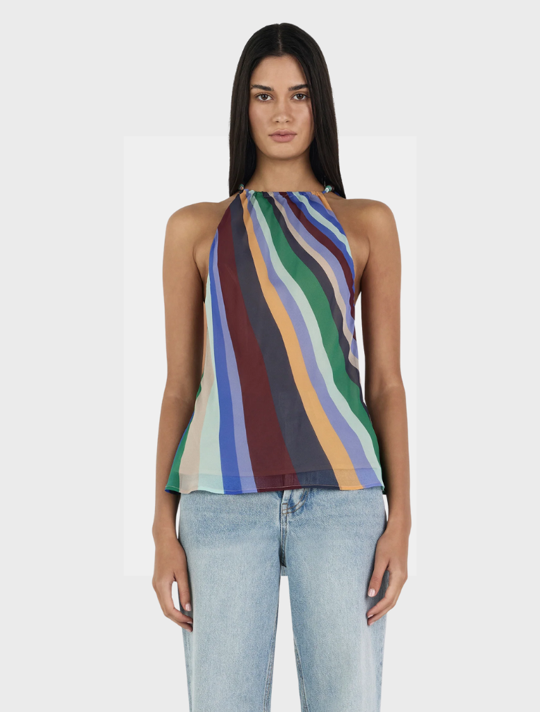 Elegant Juniper Silk Top showcasing a wave pattern, crafted from luxurious silk for a stylish and comfortable fit.