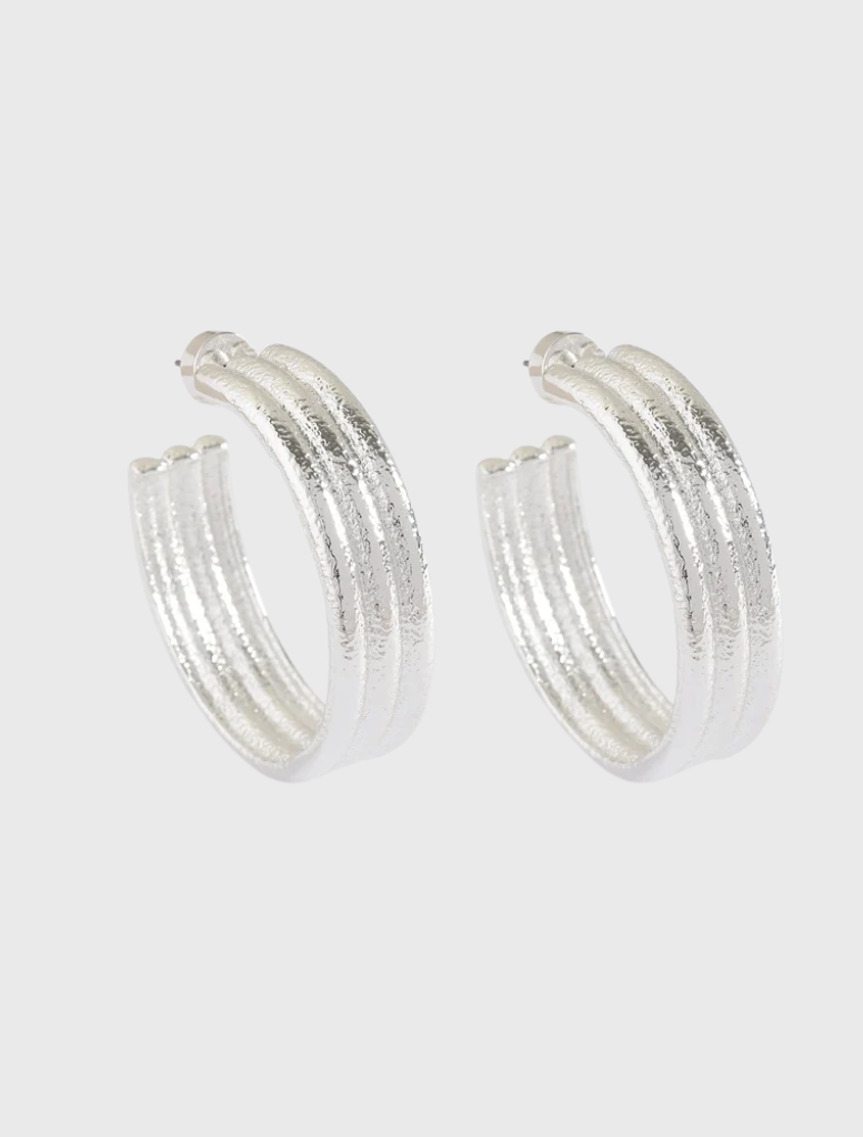 Bold 4cm drop silver hoop earrings, triple textured, crafted from recycled brass for a stylish and lightweight wear.