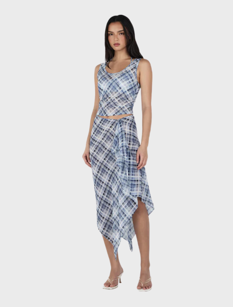 Chic London wrap skirt in a sky plaid pattern, ideal for adding a trendy touch to any wardrobe.