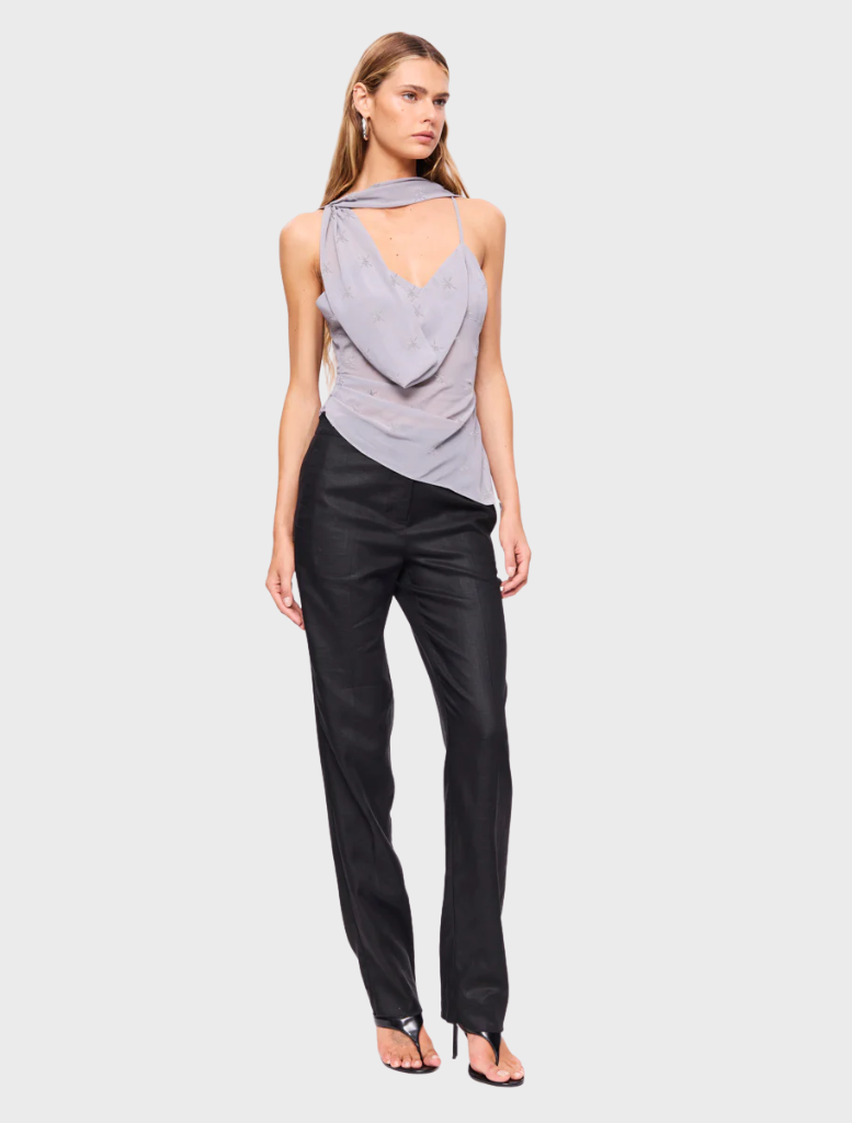 Elegant slate Marina beaded cowl neck top with intricate bead accents, perfect for a sophisticated look.