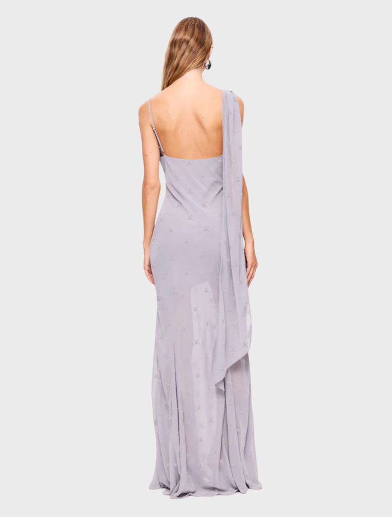 Slate beaded cowl neck gown, showcasing a graceful silhouette ideal for special events and formal gatherings.