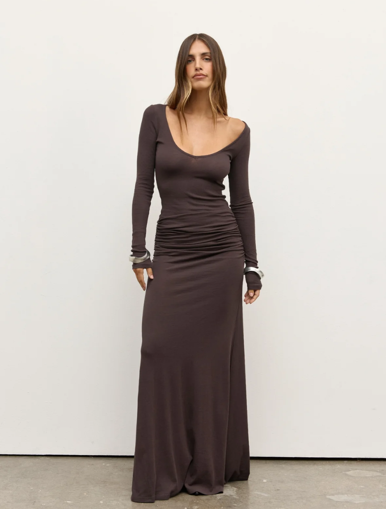 Smoke-colored Auri Maxi Dress, showcasing a long, elegant design perfect for formal or casual events.