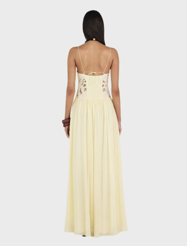 Soft butter-colored Stephanie maxi dress, designed for comfort and style, suitable for various occasions.