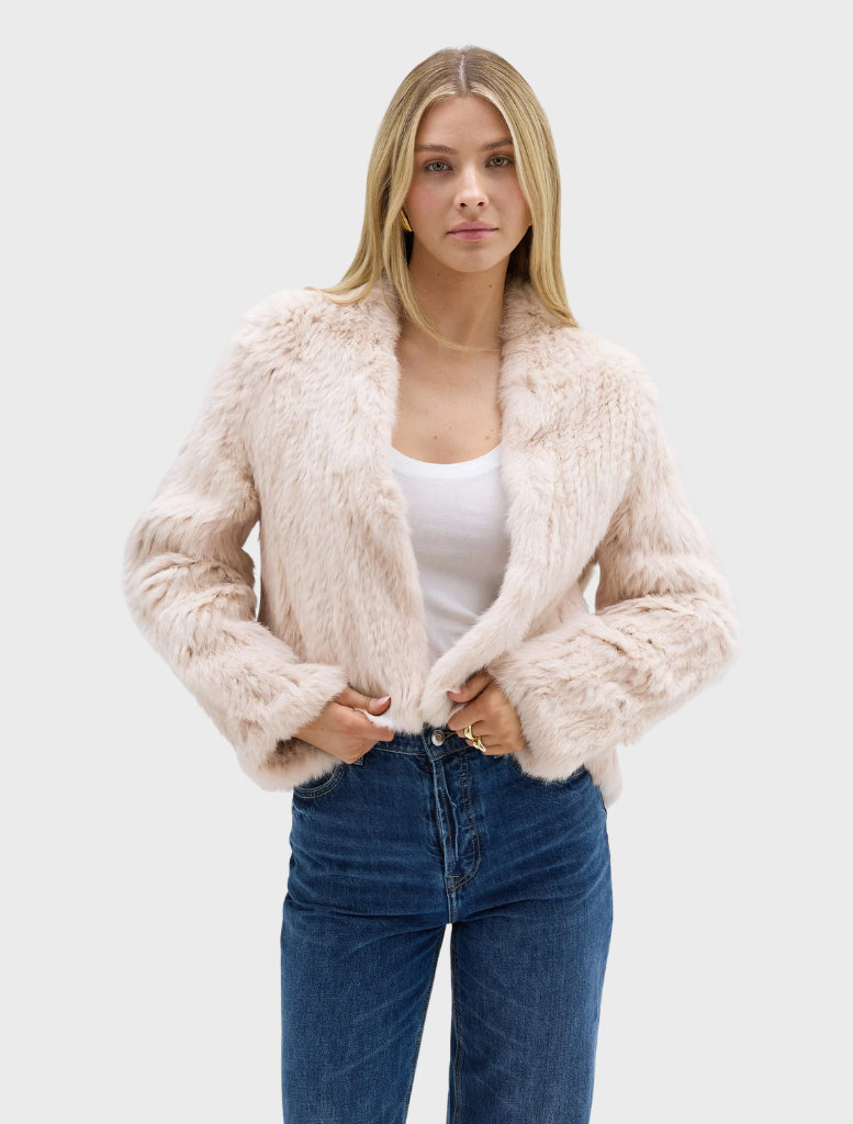 Emma Jacket in stone, made from up-cycled rabbit fur, features an open front and a stylish short-to-long design.