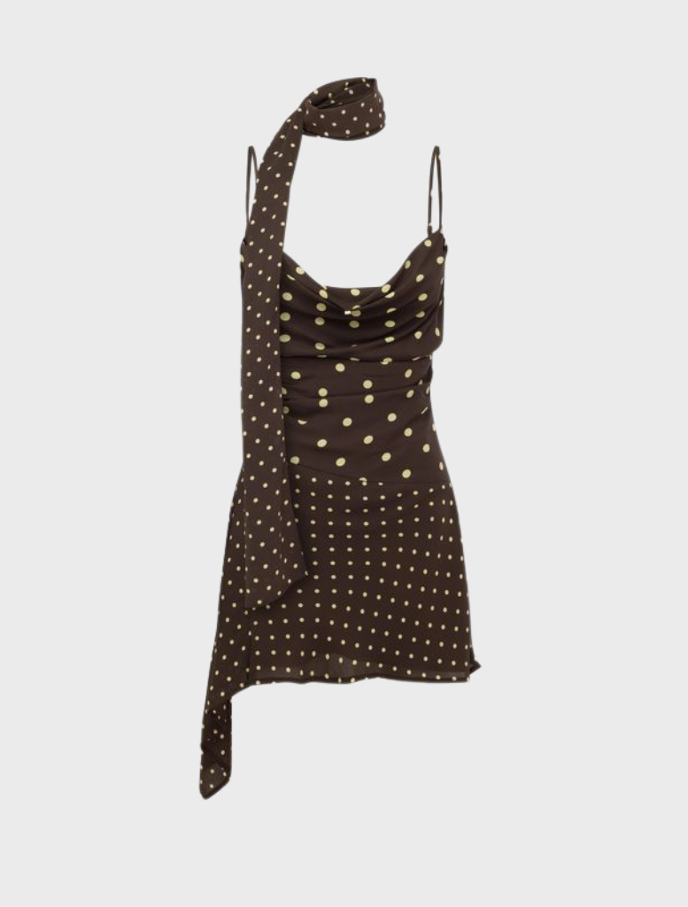 Stylish Alora scoop neck mini dress in chocolate and lemon polka dots, suitable for warm weather events and gatherings.