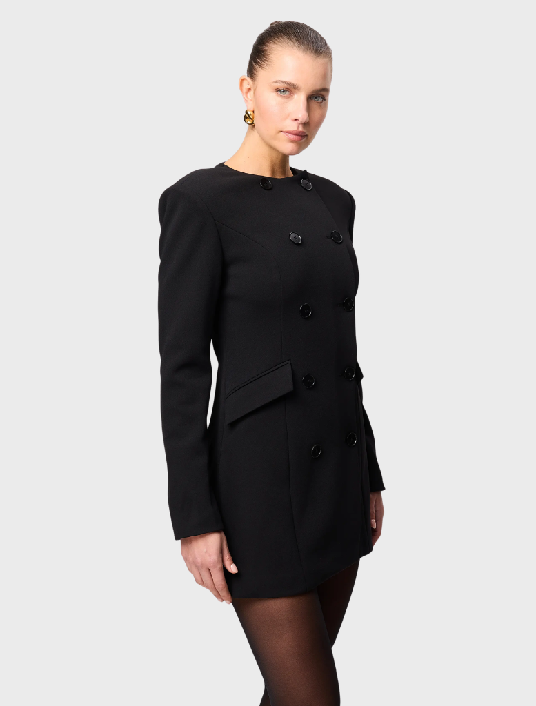 Chic black mini dress with a form-fitting style and short sleeves, perfect for dressing up or down.