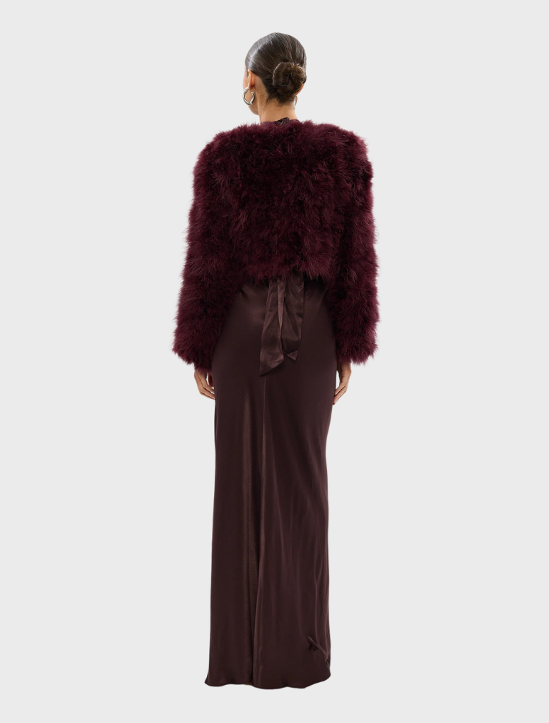 Fashionable wine Manhattan crop jacket, showcasing a contemporary style that enhances any wardrobe.