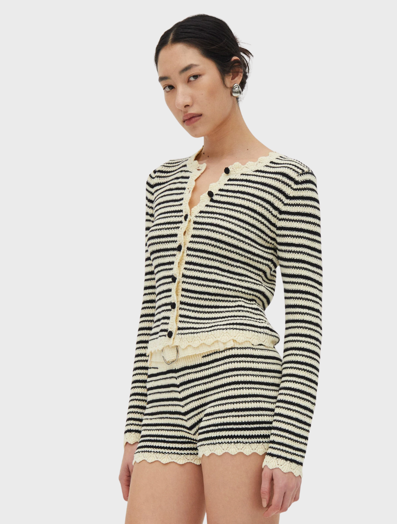 Cream and coffee Resonance knit cardigan laid flat, featuring a relaxed fit and inviting texture for casual wear.