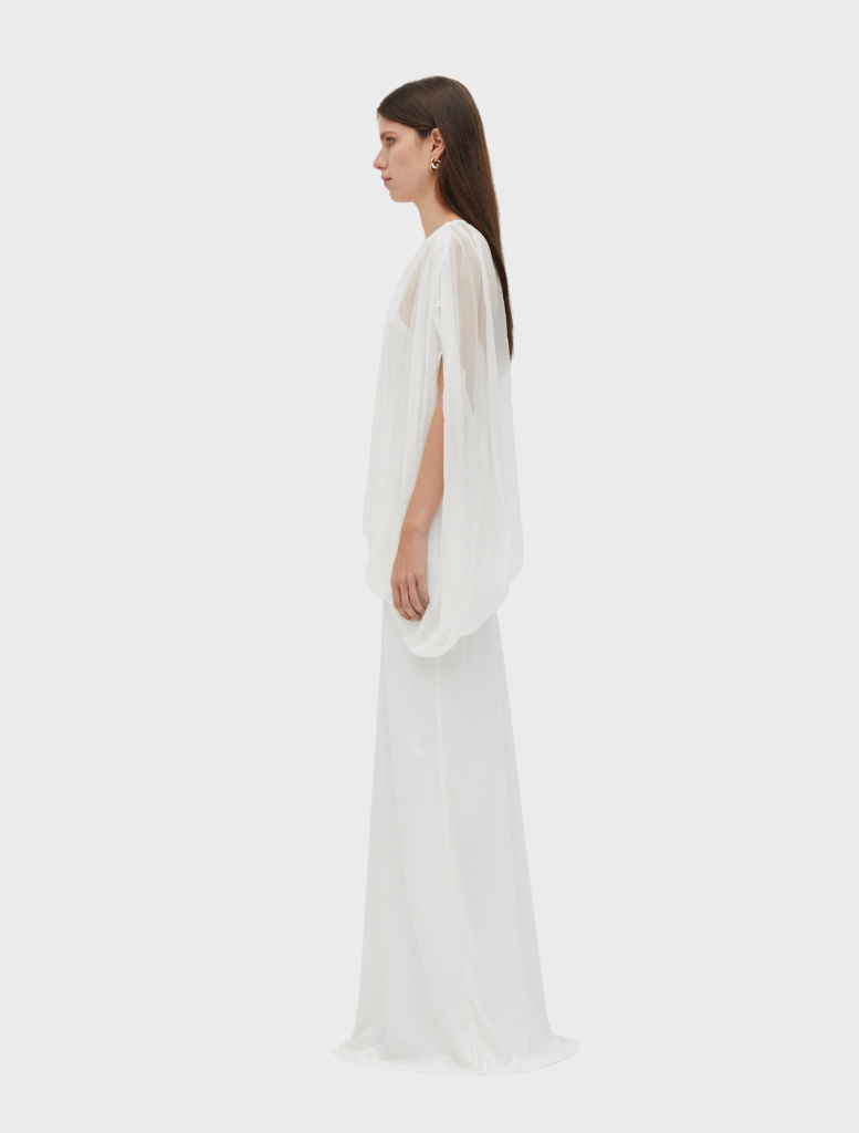 Graceful one-shoulder gown in a serene cloud color, offering a floor-length silhouette for formal wear.