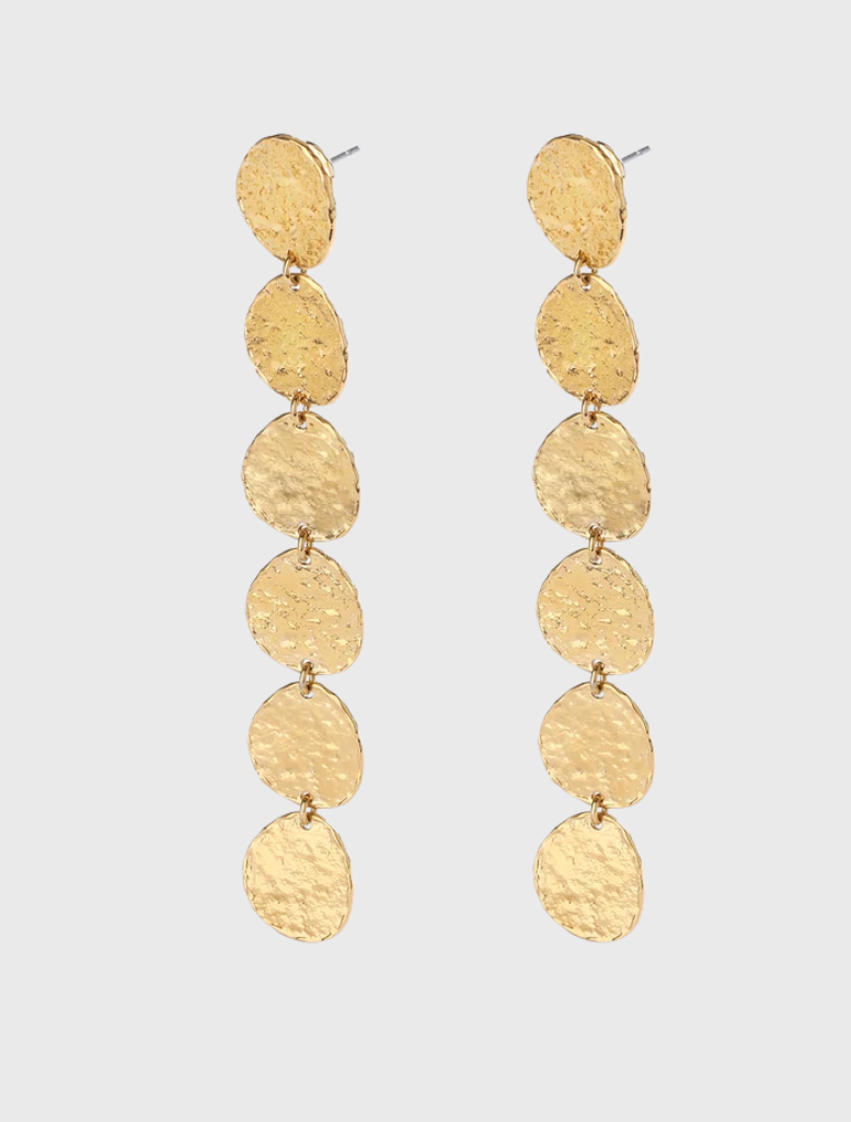 Elongated gold drop earrings with hand-hammered texture, lightweight design, and 9.2 cm drop length.