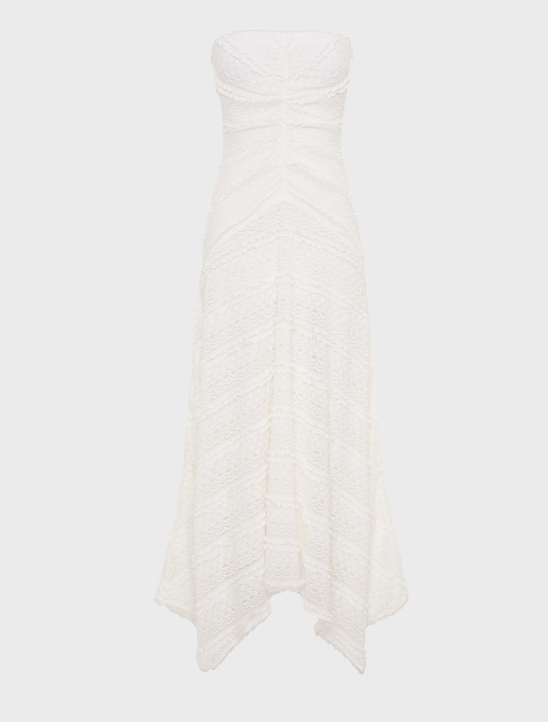 Milk-colored strapless dress with a tailored bodice and a flared skirt, ideal for special occasions or casual outings.