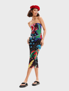 Swim Jungle Dress in neutral grey, featuring a flowing silhouette and colorful jungle motifs, perfect for summer outings.