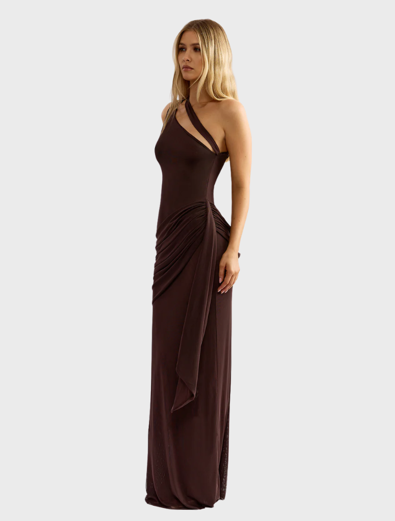 Chocolate-colored Talisa Dress with a stylish design, perfect for enhancing your wardrobe for various occasions.