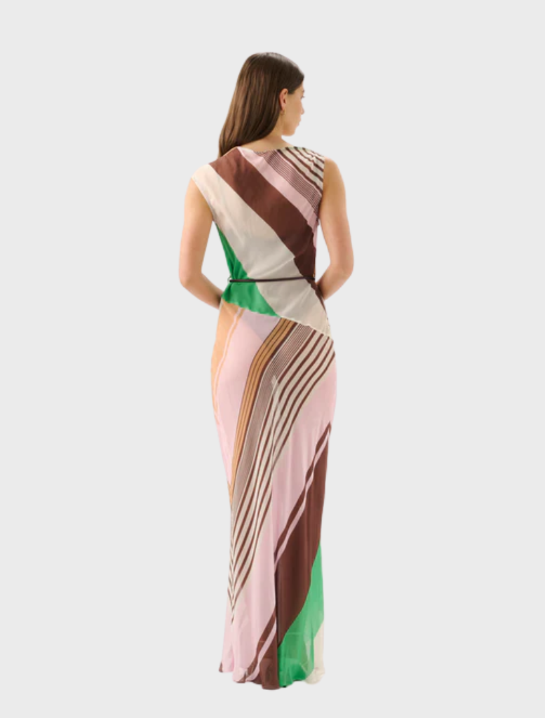 Elegant capri maxi dress adorned with a bold tango stripe design, ideal for warm weather occasions.