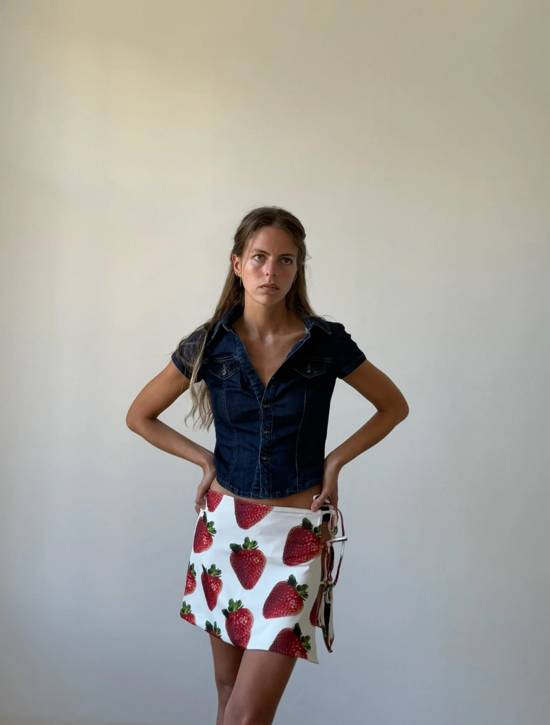 A woman stands in a strawberry print skirt highlighting a cheerful and stylish outfit.