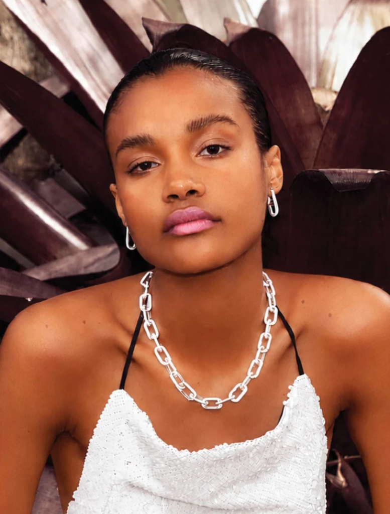 Best-selling OG Necklace in White Glo, 14k gold-plated enamel chain, adjustable to 18 inches, inspired by the OG earrings.