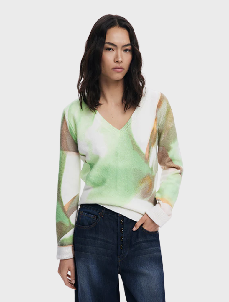Thin gauge pullover featuring an artistic print, showcasing vibrant colors and a modern design.