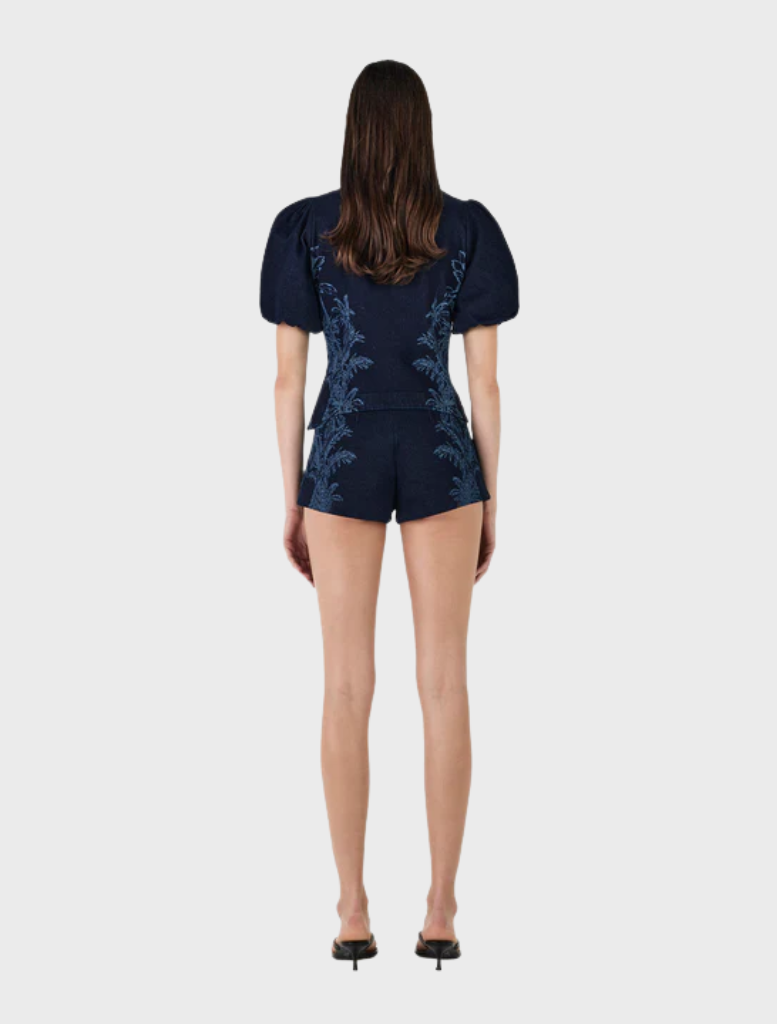 Jacques Denim Shortie in Tropicana Denim, highlighting a cheerful tropical shade suitable for summer styling.