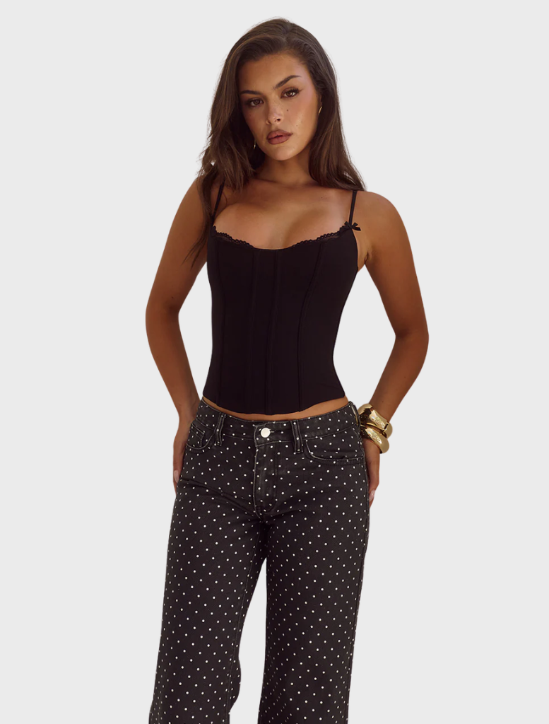 Black lace trim bustier by Valerie, featuring a fitted design and elegant detailing for a stylish look.