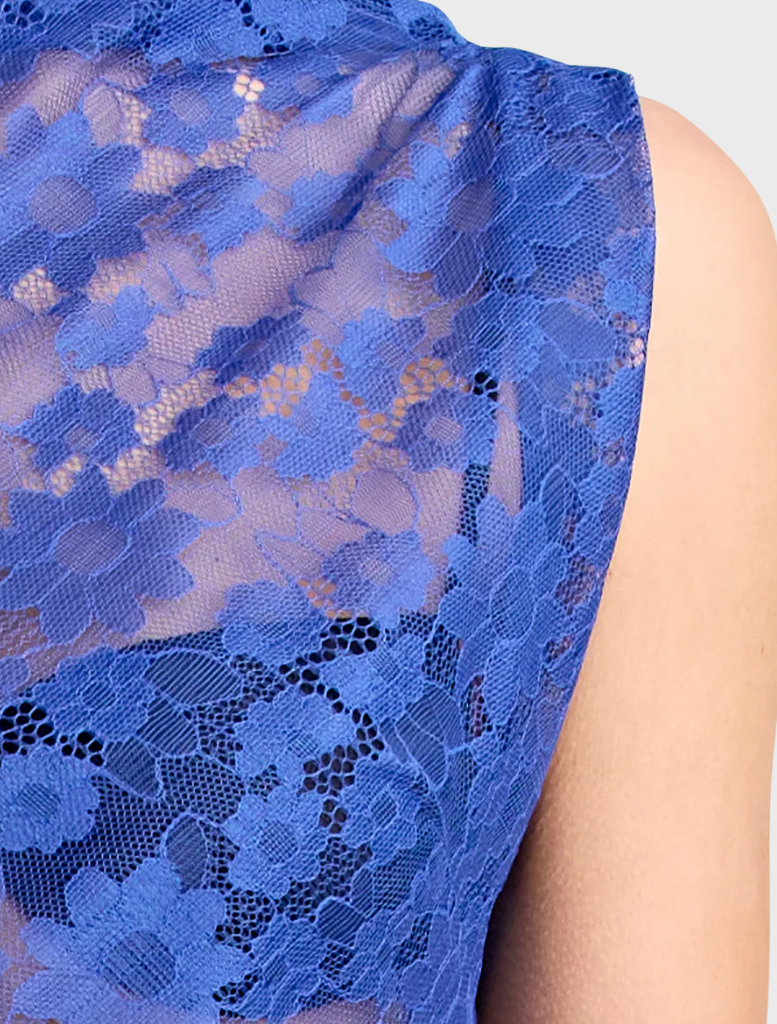 Cobalt blue Velora lace dress, designed with beautiful lace accents, ideal for formal gatherings and special occasions.