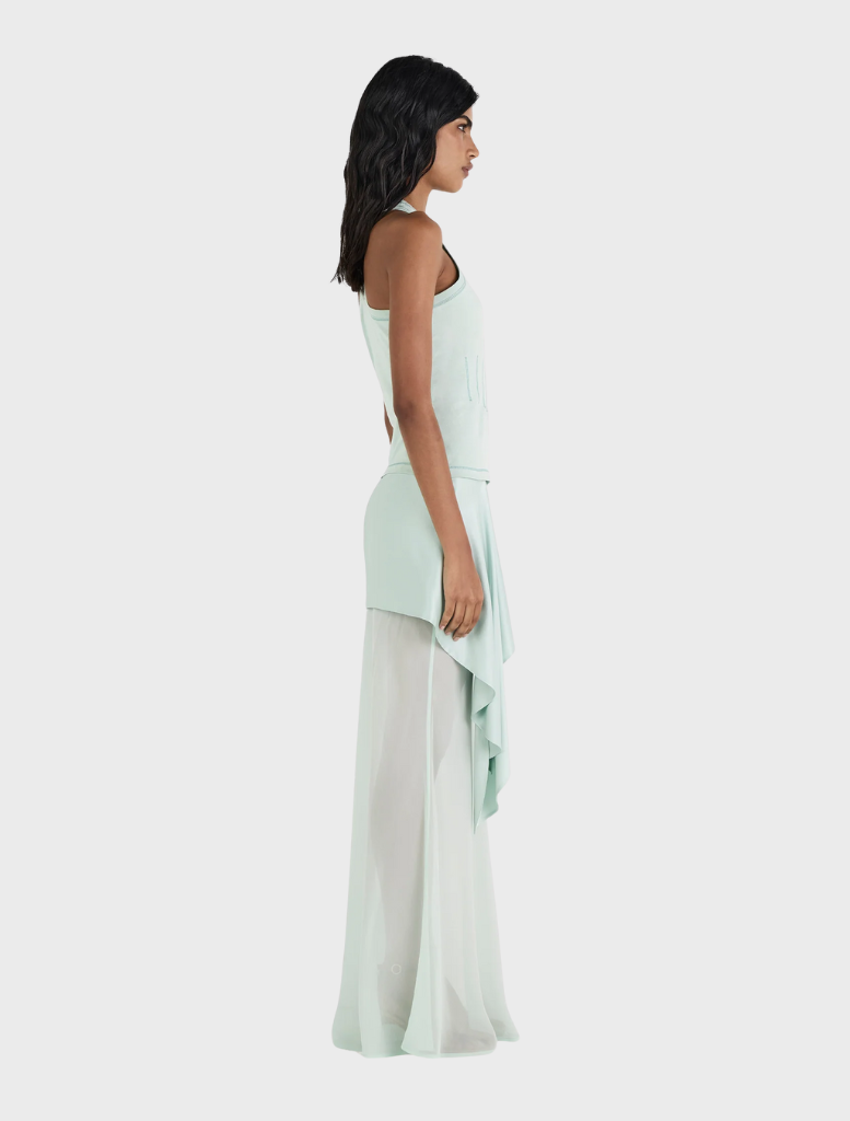 Seafoam silk skirt from Vesper, characterized by its smooth texture and stylish cut, ideal for both day and evening wear.