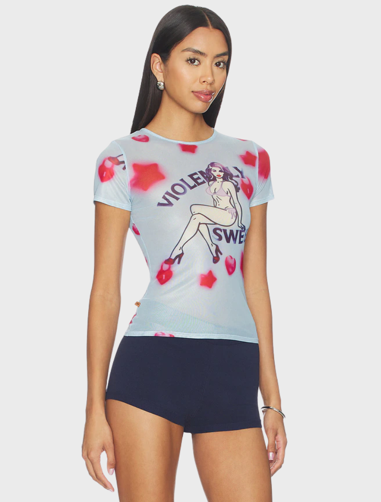 A Mini Tee displaying "Violently Sweet" in vibrant letters, designed for a trendy, casual look.