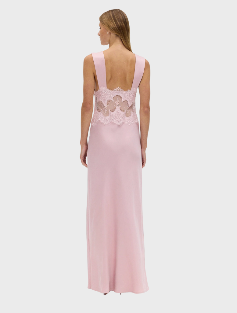 Graceful floor-length dress in rose lace, perfect for adding elegance to any formal event or special occasion.