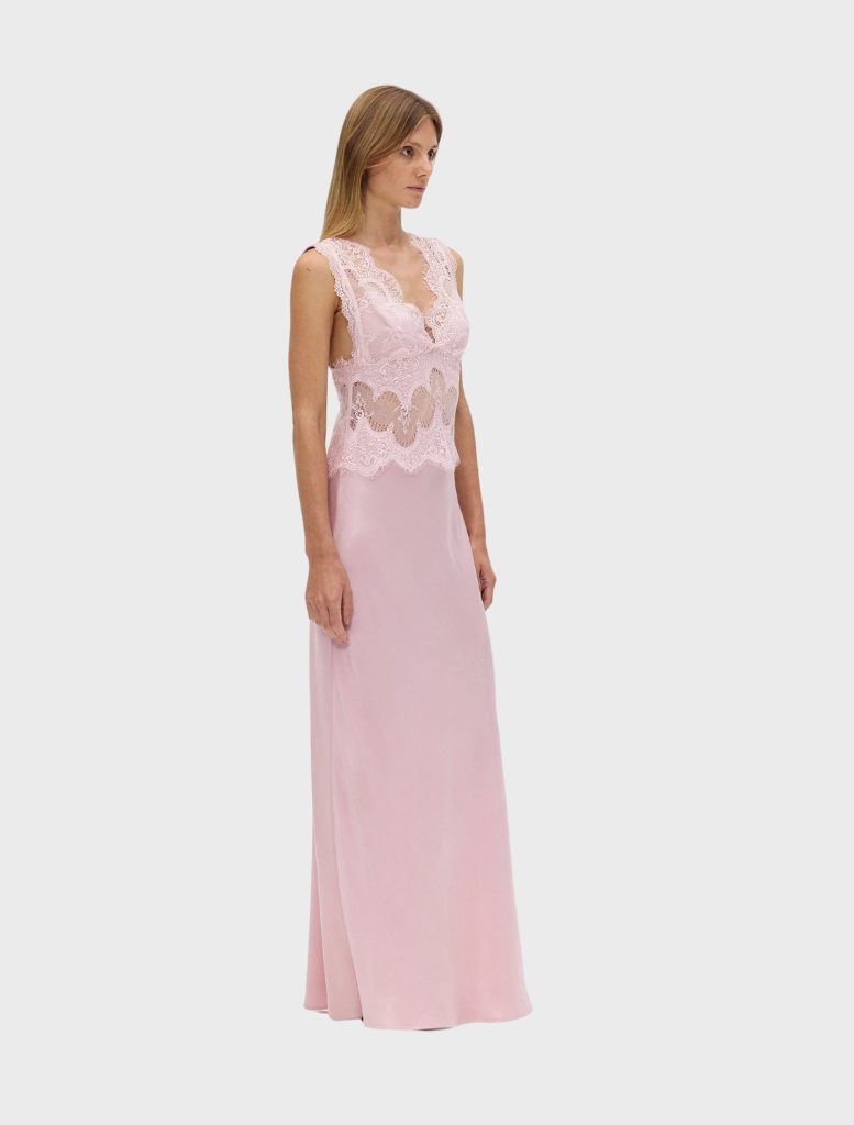 Stunning rose lace gown that flows to the floor, designed for elegance at formal events and special occasions.