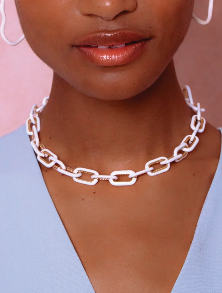 White Glo OG Necklace, 14k gold-plated with hand-painted enamel, adjustable length of 18 inches, inspired by OG earrings.