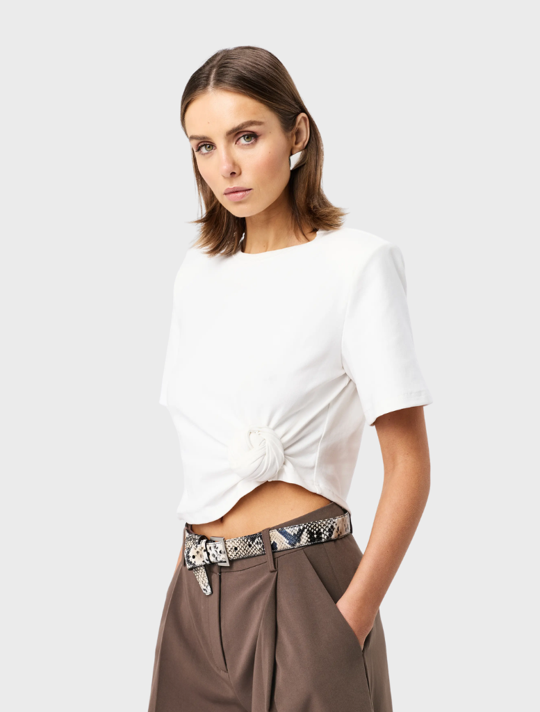 White Tied & True Top showcasing a modern design, ideal for both everyday wear and special occasions.