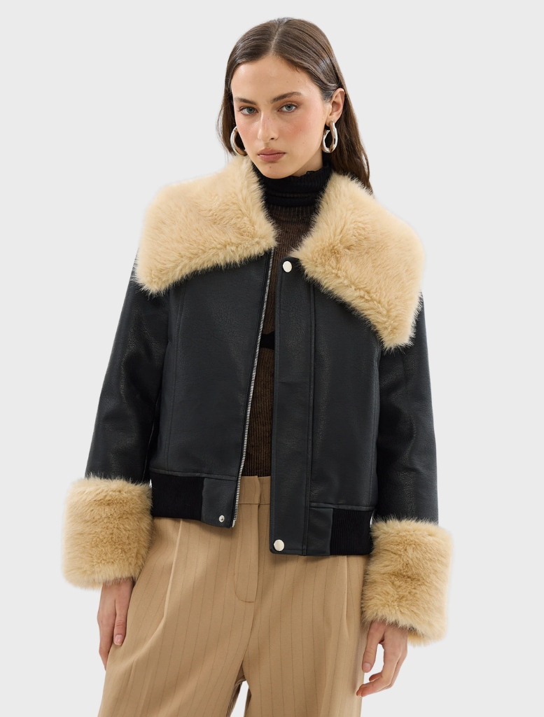 Black Willow Jacket with leather-look finish, shearling accents, oversized collar, and relaxed fit for versatile layering.