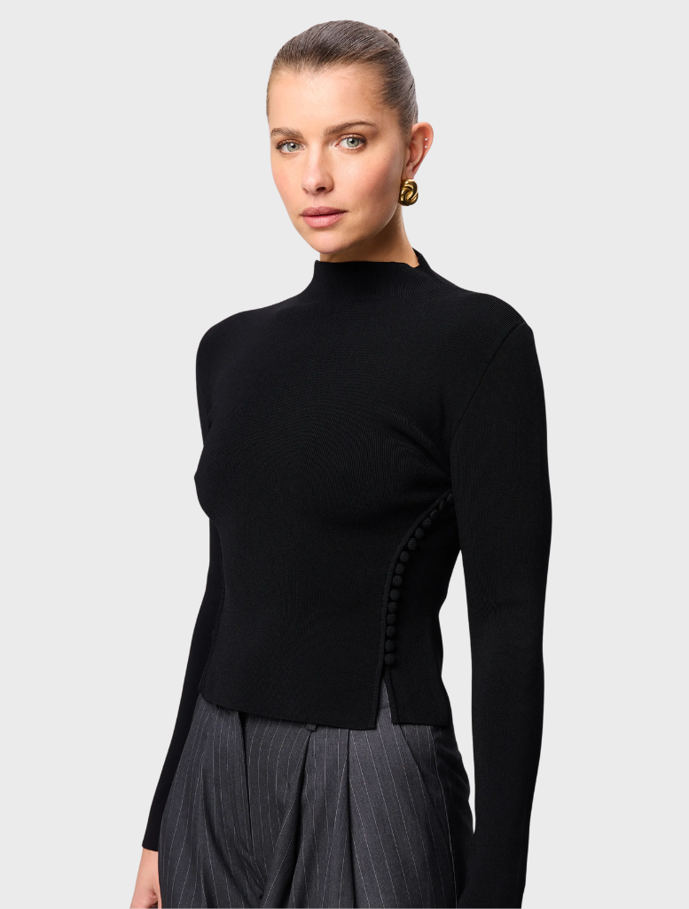 Black Windsor knit top featuring a classic design, suitable for casual or formal occasions.